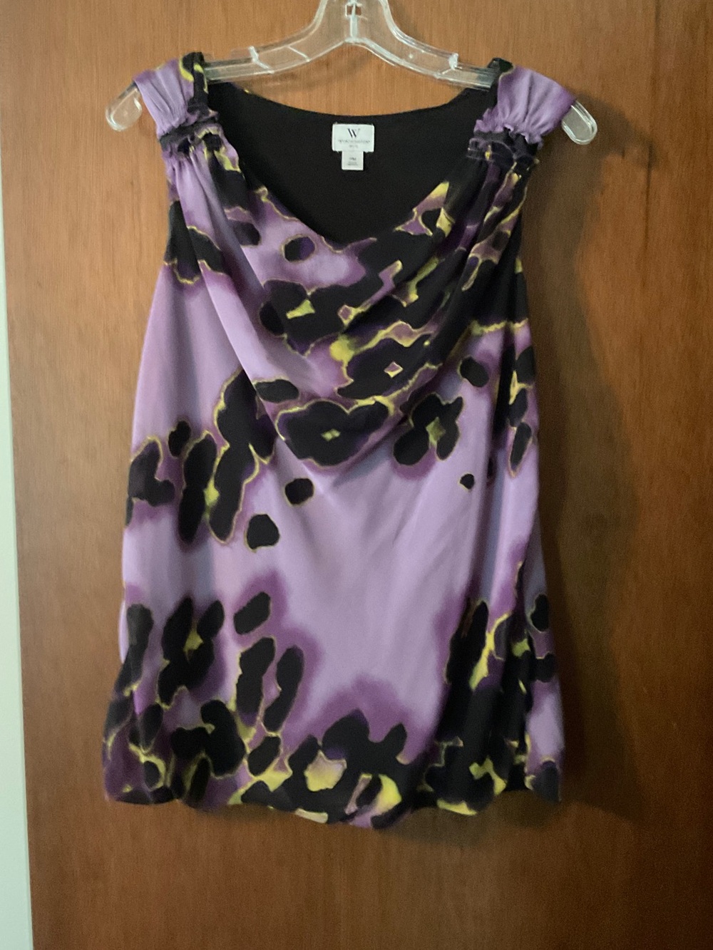 White House Black Market Lavender Purple, Black & Yellow Draped Cowl Neck Blouse